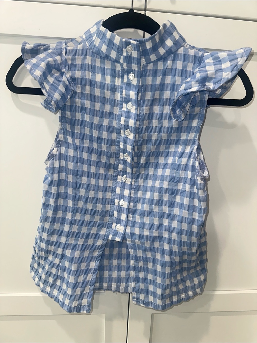 McGuire woman’s  Blue & White Gingham Button-Back Ruffle Sleeve Top